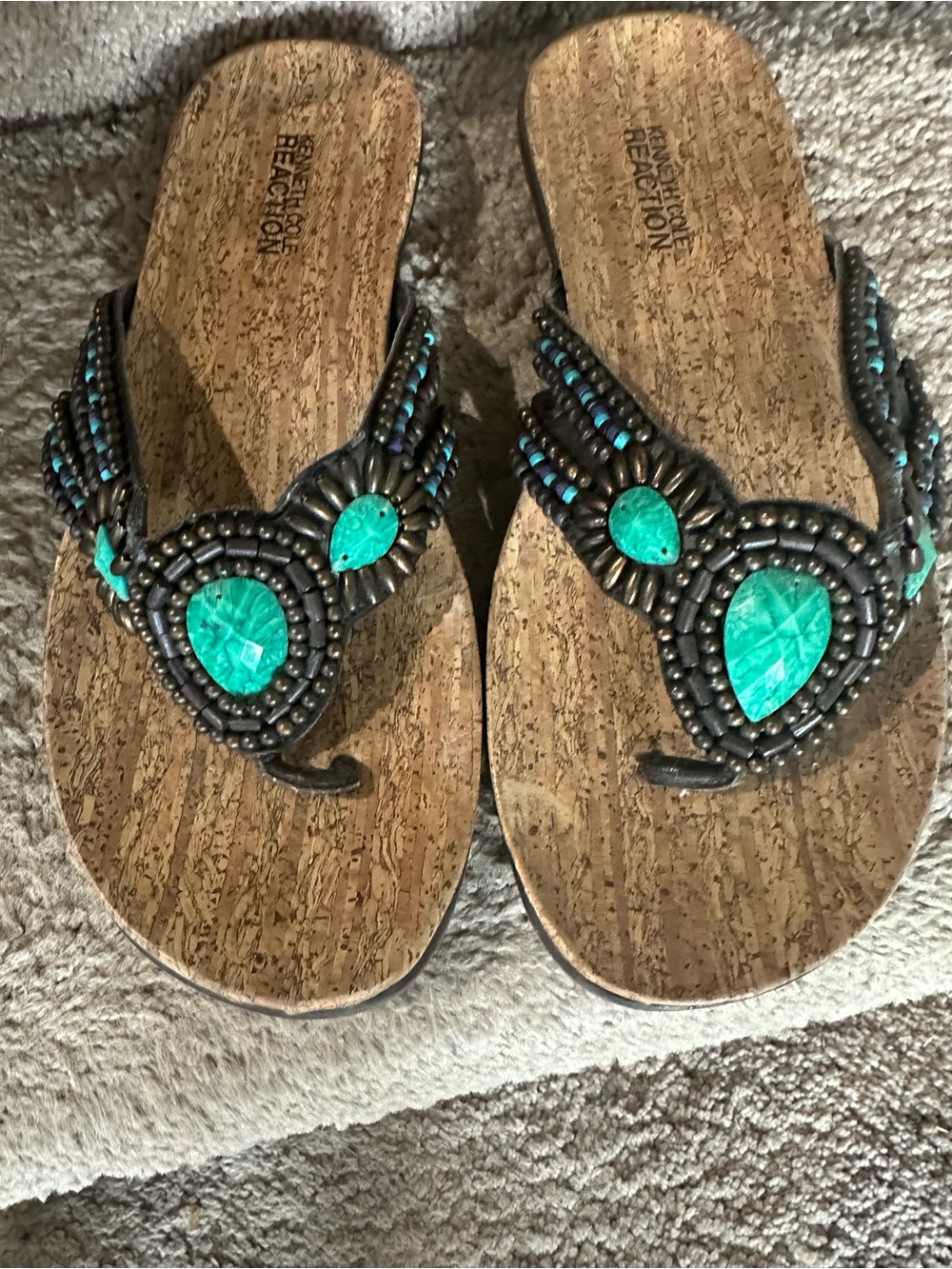 Kenneth Cole Reaction Women's Black Sandals with Turquoise Bead Accents 7 m